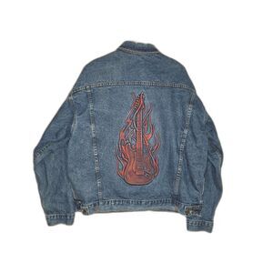 Vintage TYCA Denim Jacket USA Embossed Guitar Back IAMAW Union 90s Mens Large